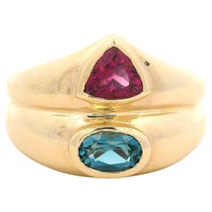 Bague à large bande en or jaune 14k, Topaze bleue Vivid et grenat rhodolite