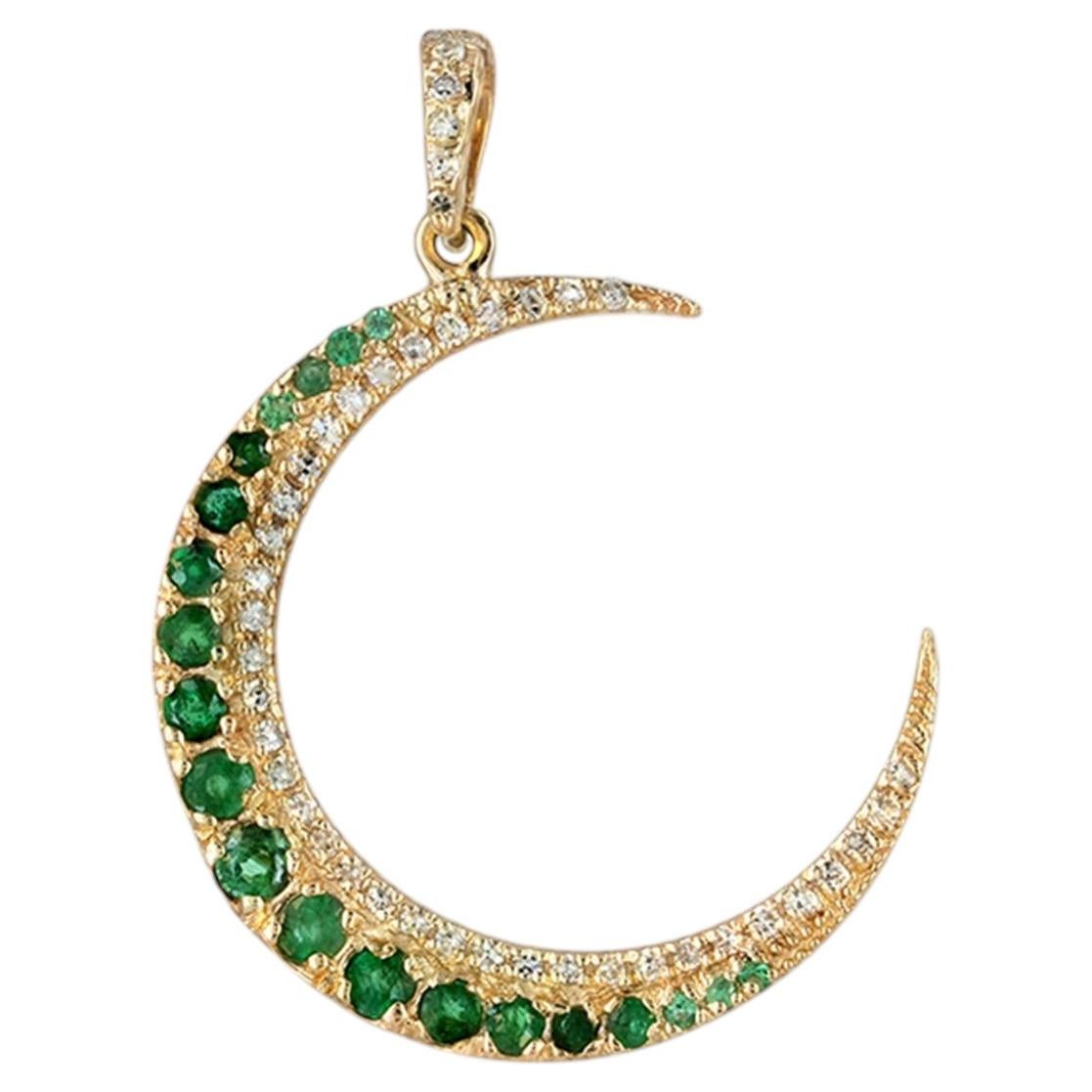 14K Yellow Gold Vivid Emerald & Diamond Crescent Moon Pendant 0.84 Carat