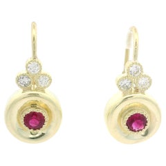 14k Yellow Gold Vivid Ruby & Diamond Disc Shaped Lever Back Dangle Drop Earrings