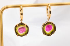 14k Yellow Gold Watermelon Tourmaline Dangle Hoop Earrings