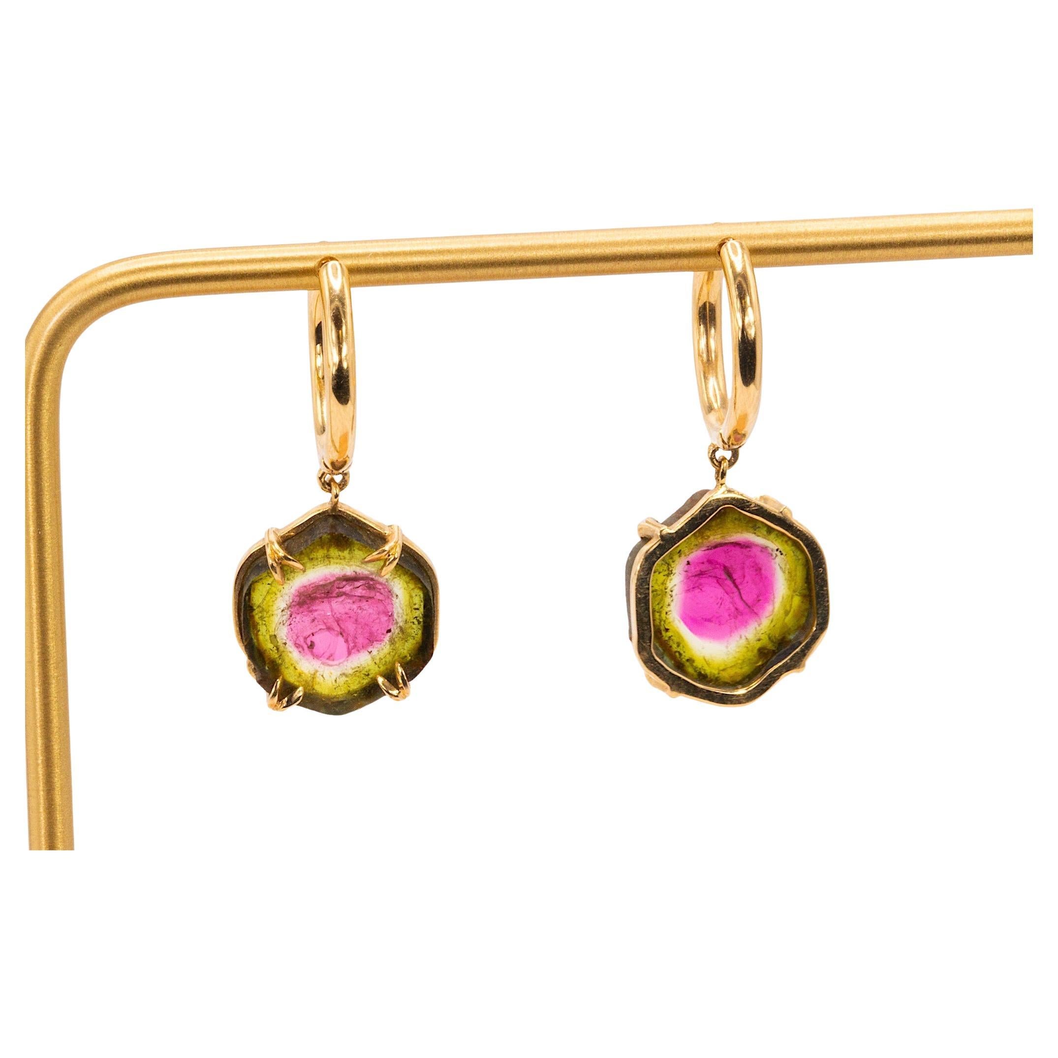 14k Yellow Gold Watermelon Tourmaline Dangle Hoop Earrings