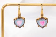 14k Yellow Gold Watermelon Tourmaline Hook Dangle Earrings