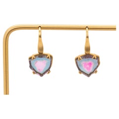 14k Yellow Gold Watermelon Tourmaline Hook Dangle Earrings