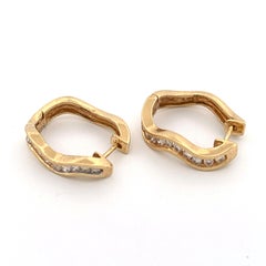 14K Yellow Gold Wave Hoop Earrings with Channel-Set Diamonds, 0.25ct