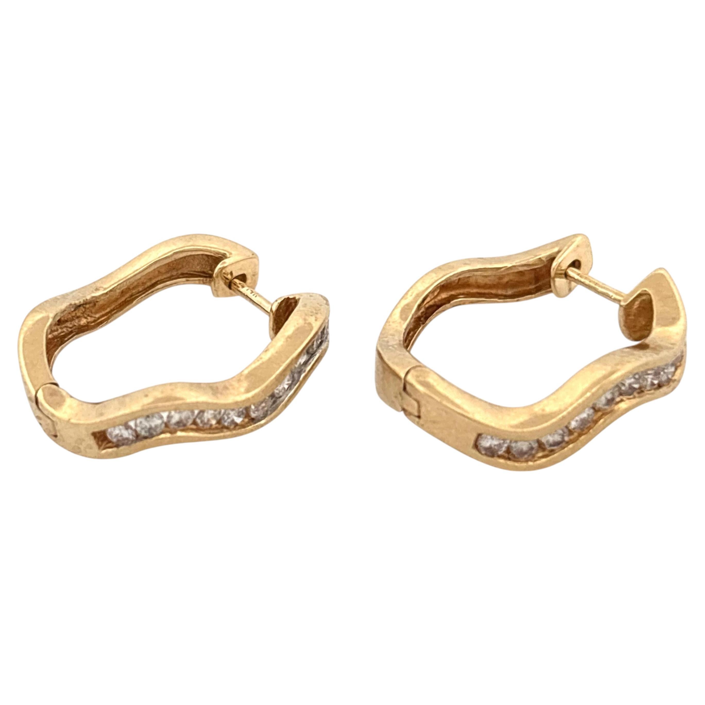 14K Yellow Gold Wave Hoop Earrings with Channel-Set Diamonds, 0.25ct