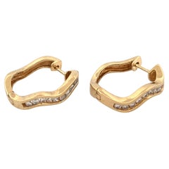 14K Yellow Gold Wave Hoop Earrings with Channel-Set Diamonds, 0.25ct