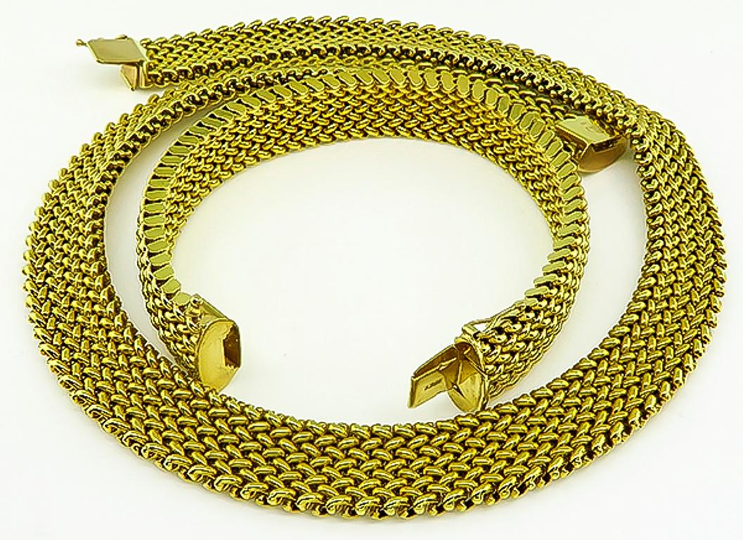 Women's or Men's 14 Karat Yellow Gold Weave Necklace and Bracelet Set