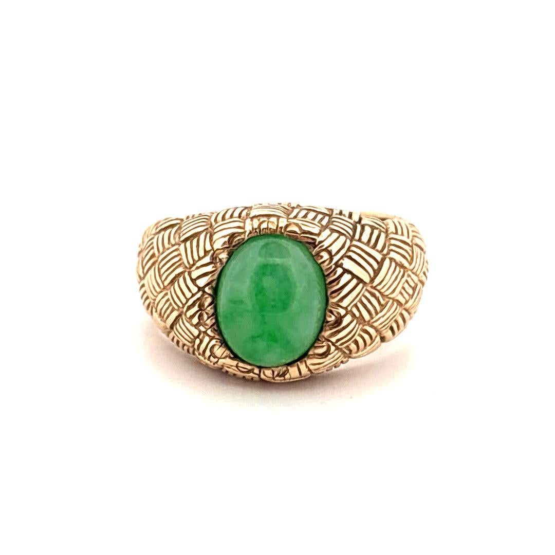 14K Gelbgold Geflochtener Korb Design Grüner Jade Ring im Angebot 3