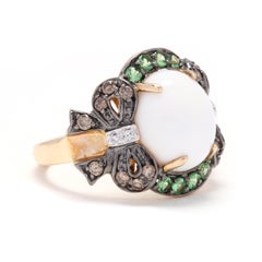 14 Karat Yellow Gold, White Agate, Tsavorite Garnet and Brown Diamond Bow Ring