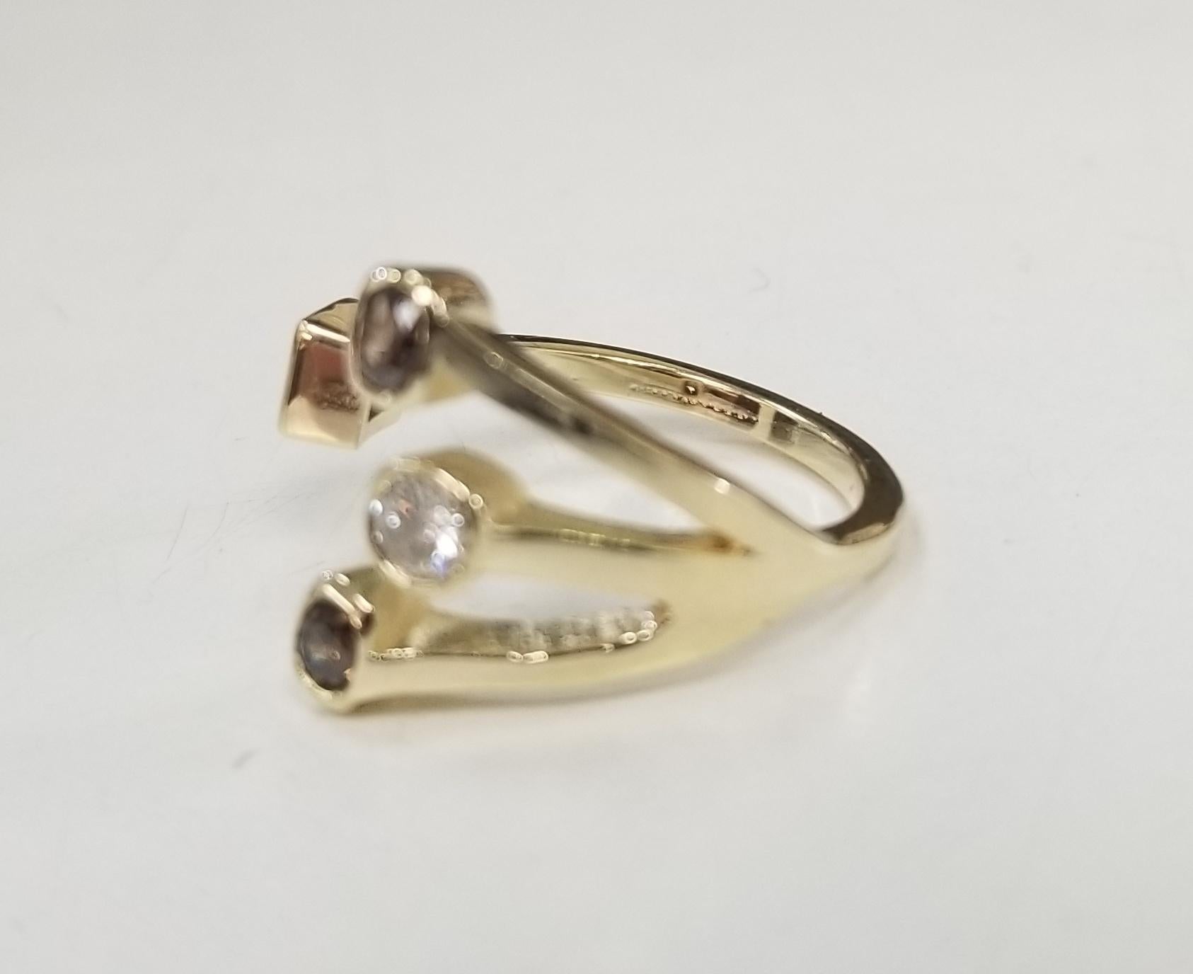 14K yellow gold White and Brown Diamonds split ring
Specifications:
    MAIN stone:    4 White and Brown Diamonds .70cts.  
    metal: 14K Yellow GOLD
    type: RING
    weight: 3.6 GRS 
    size: 6.5US
*Pick your stones and shape*