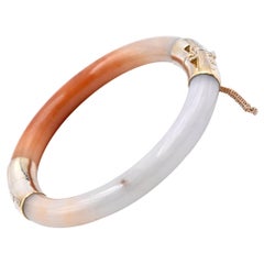 14 Karat Yellow Gold White and Burnt Orange Jade Bangle Bracelet