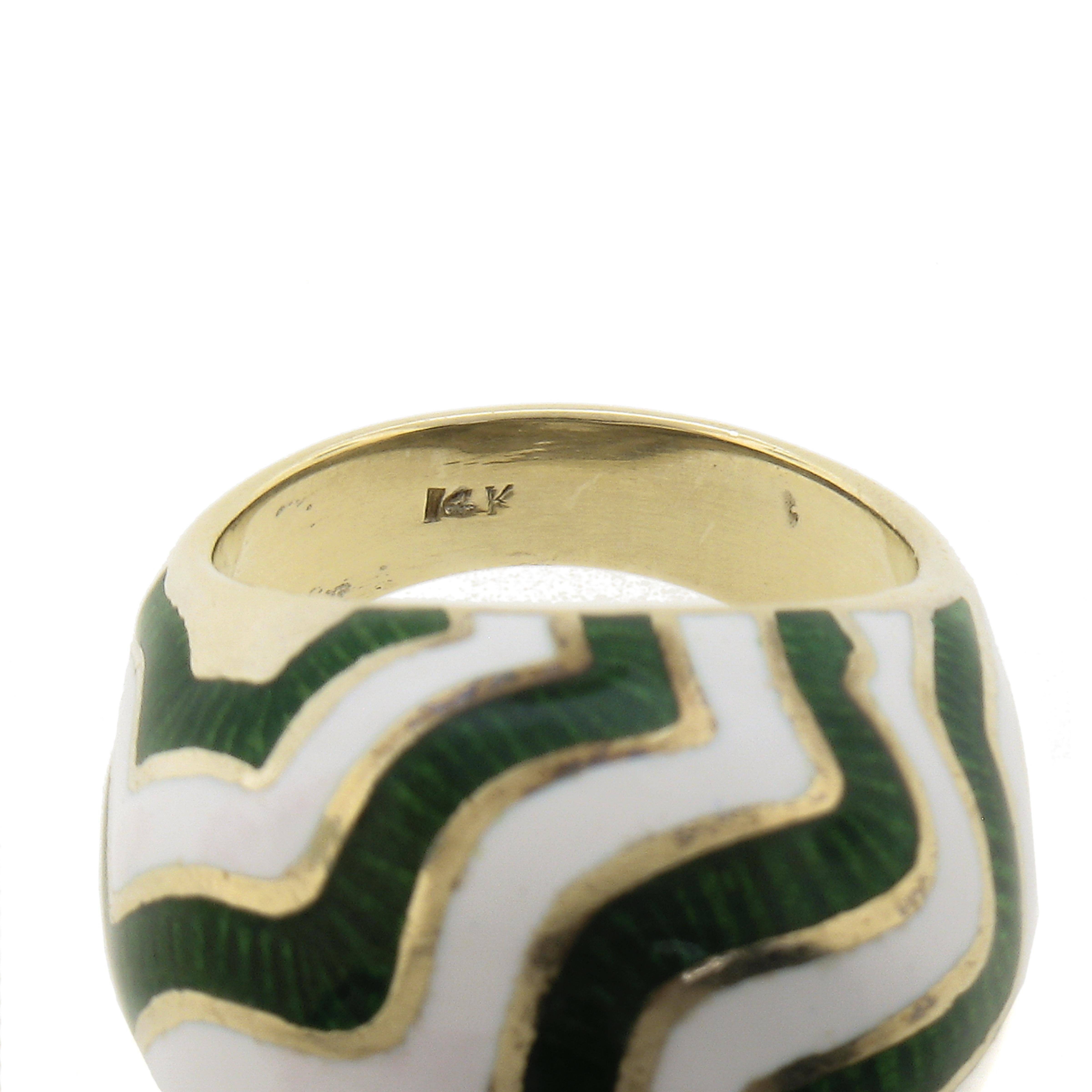 14K Yellow Gold White and Green Enamel Work Dome Bombe Cocktail Ring Size 6.5 For Sale 6