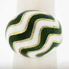 14K Yellow Gold White and Green Enamel Work Dome Bombe Cocktail Ring Size 6.5