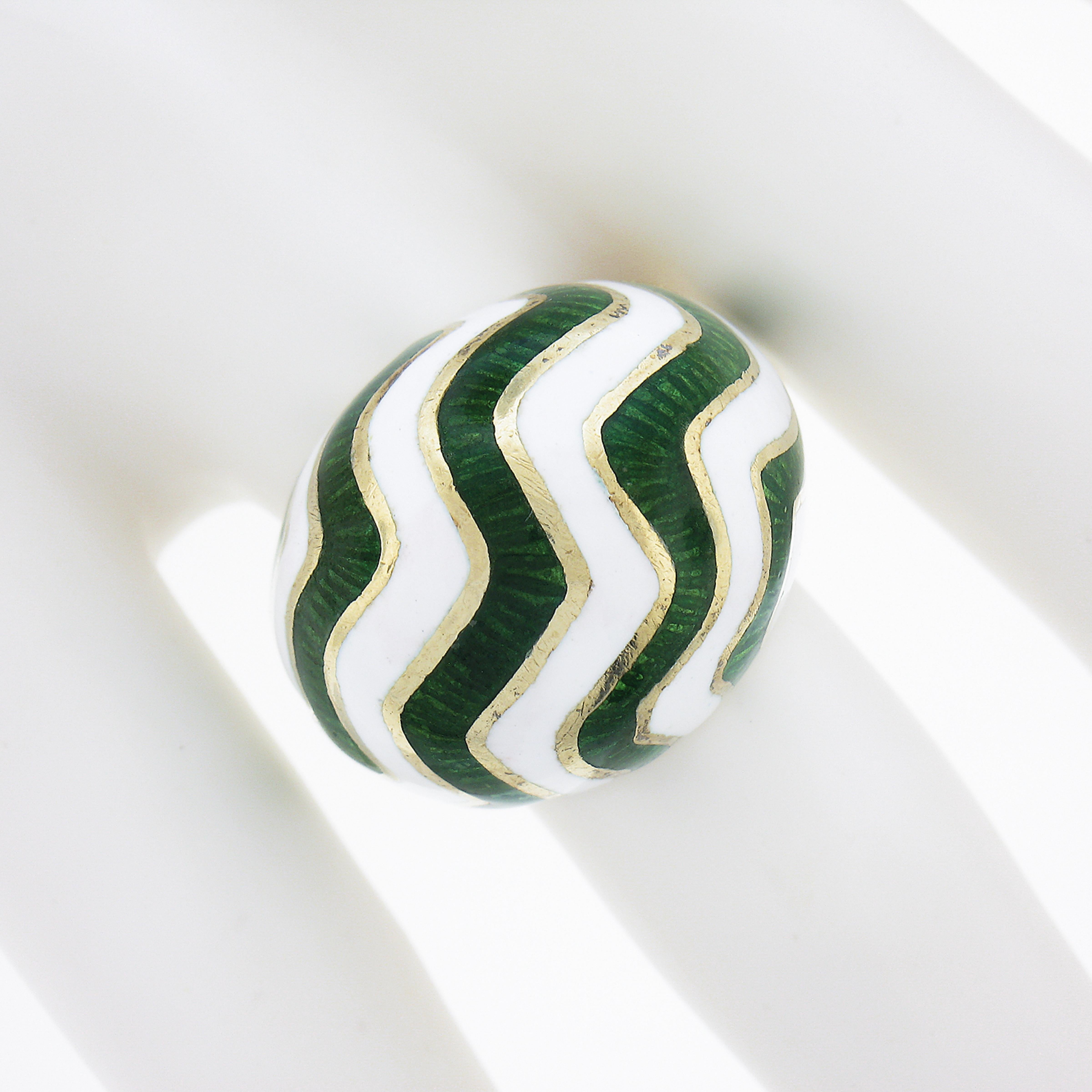 Women's 14K Yellow Gold White and Green Enamel Work Dome Bombe Cocktail Ring Size 6.5 For Sale