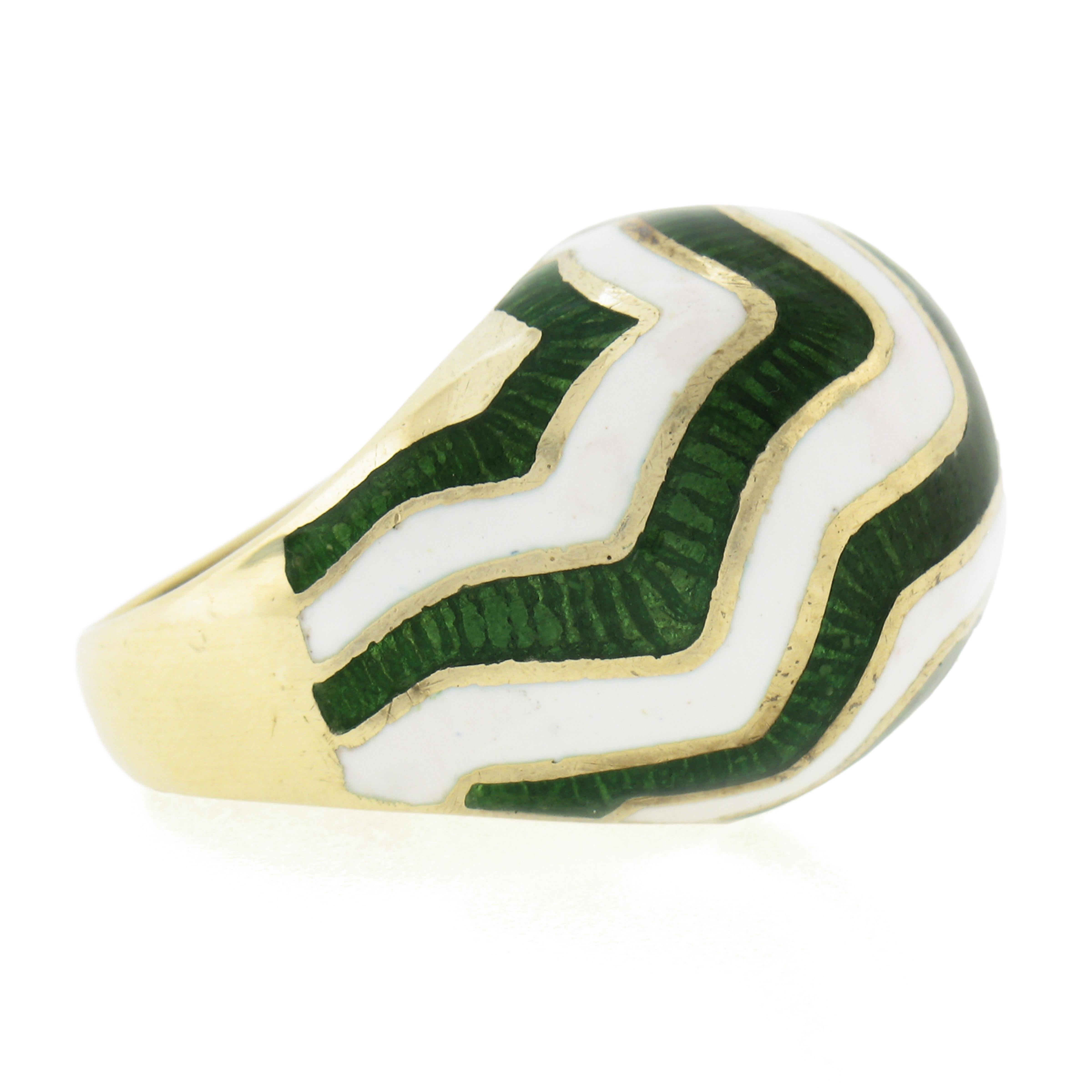 14K Yellow Gold White and Green Enamel Work Dome Bombe Cocktail Ring Size 6.5 For Sale 1