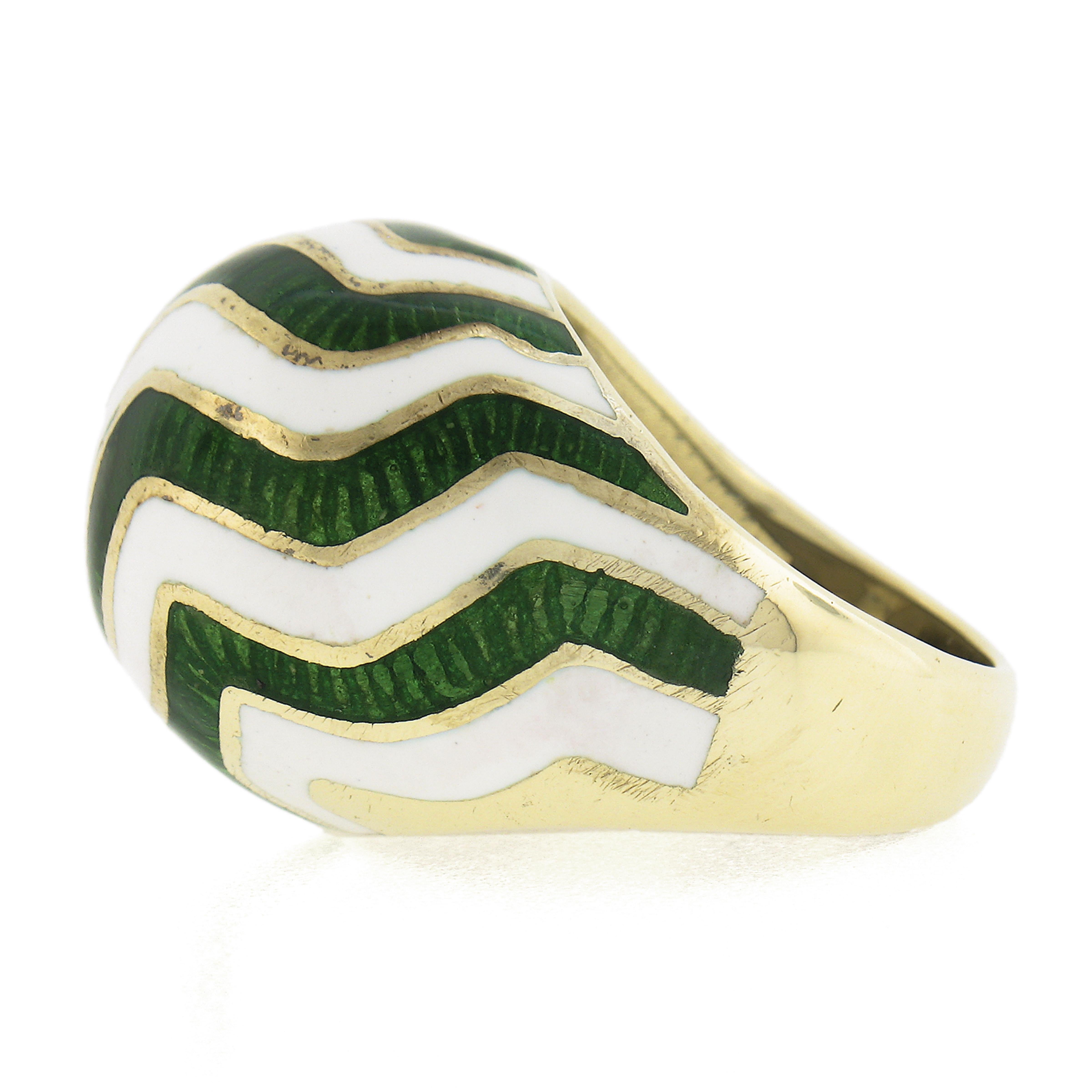 14K Yellow Gold White and Green Enamel Work Dome Bombe Cocktail Ring Size 6.5 For Sale 2