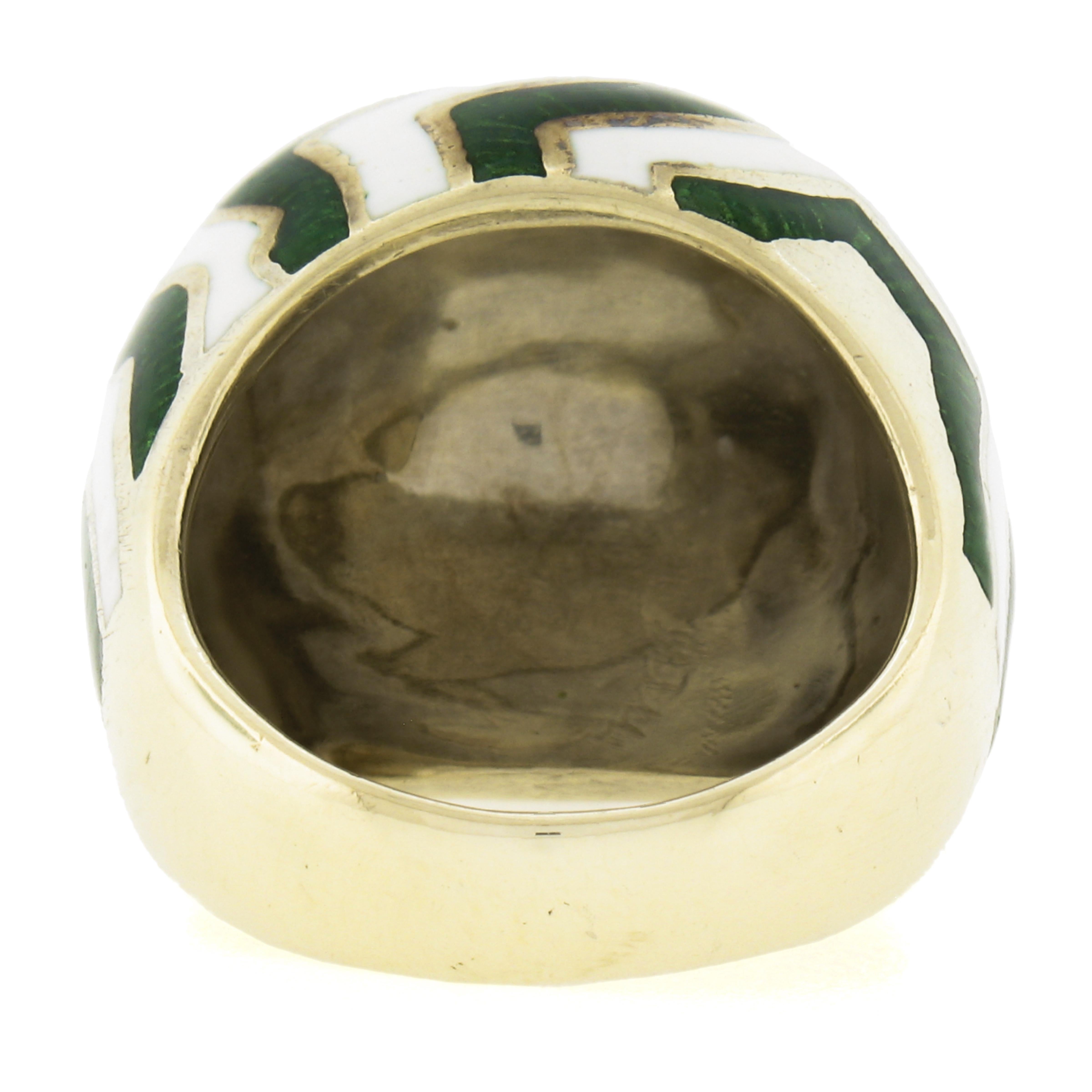 14K Yellow Gold White and Green Enamel Work Dome Bombe Cocktail Ring Size 6.5 For Sale 3