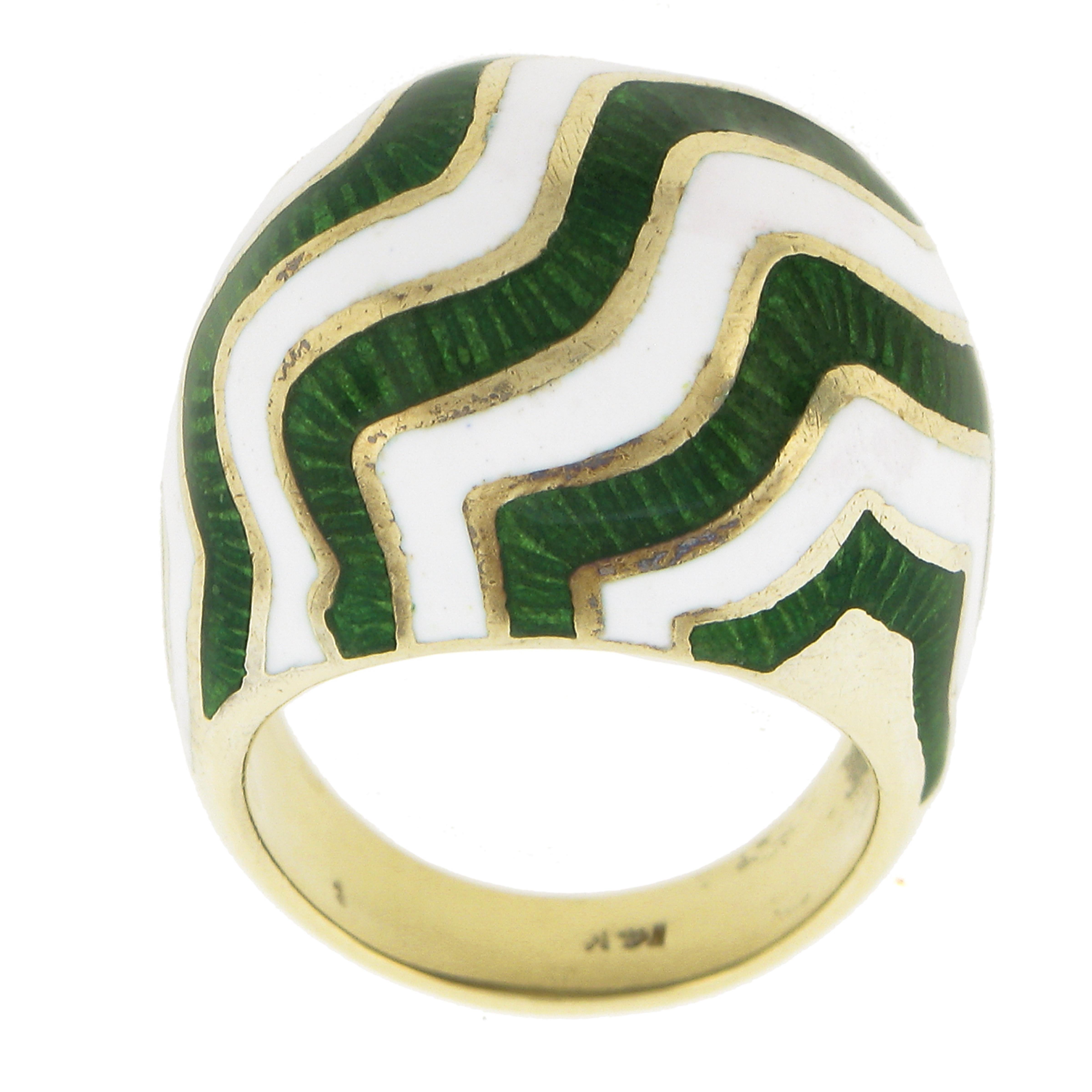 14K Yellow Gold White and Green Enamel Work Dome Bombe Cocktail Ring Size 6.5 For Sale 4