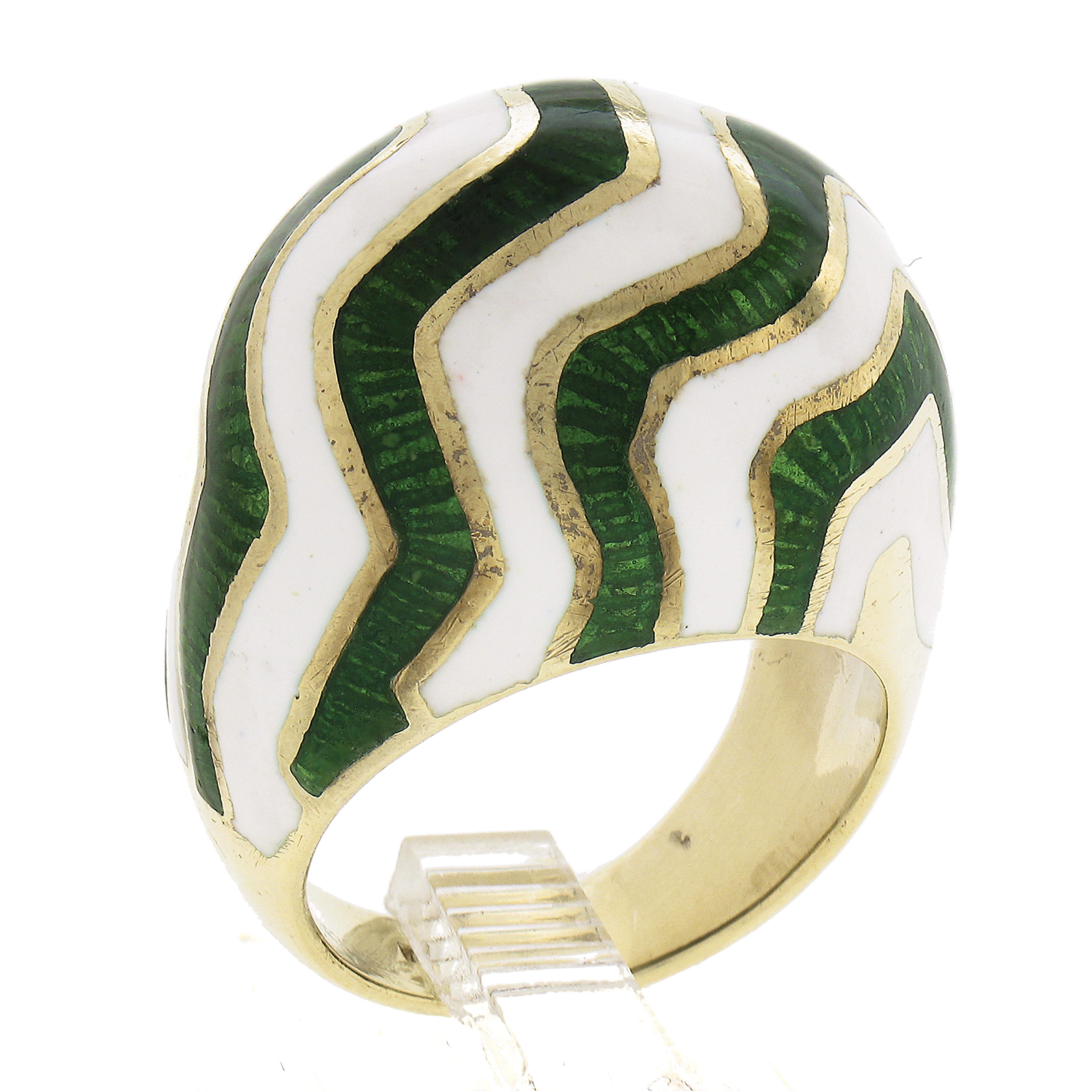 14K Yellow Gold White and Green Enamel Work Dome Bombe Cocktail Ring Size 6.5 For Sale 5