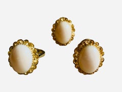14k Yellow Gold White Coral Set of Pair of Earrings and Ring