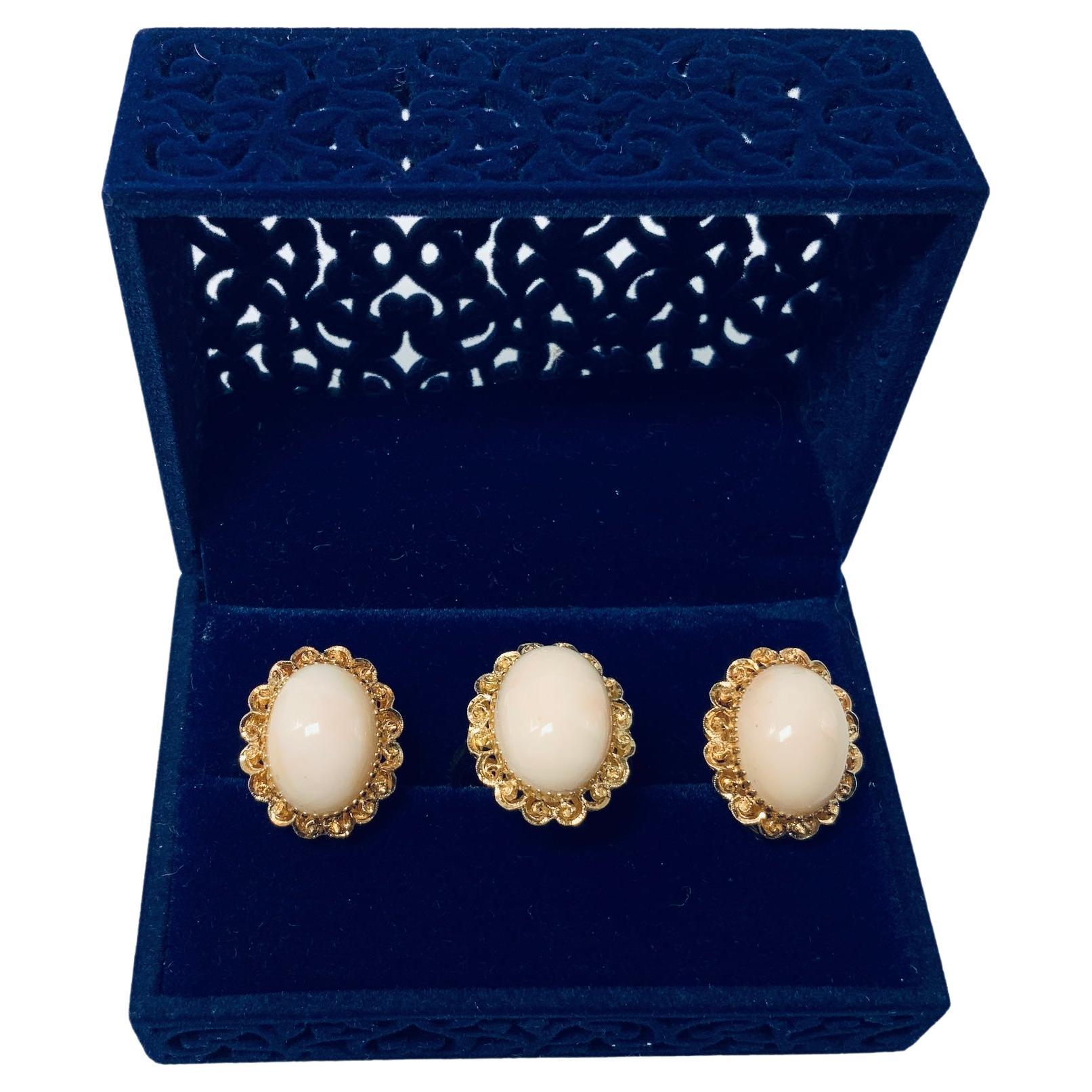 14k Yellow Gold White Coral Set of Pair of Earrings and Ring For Sale