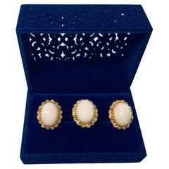 14k Yellow Gold White Coral Set of Pair of Earrings and Ring