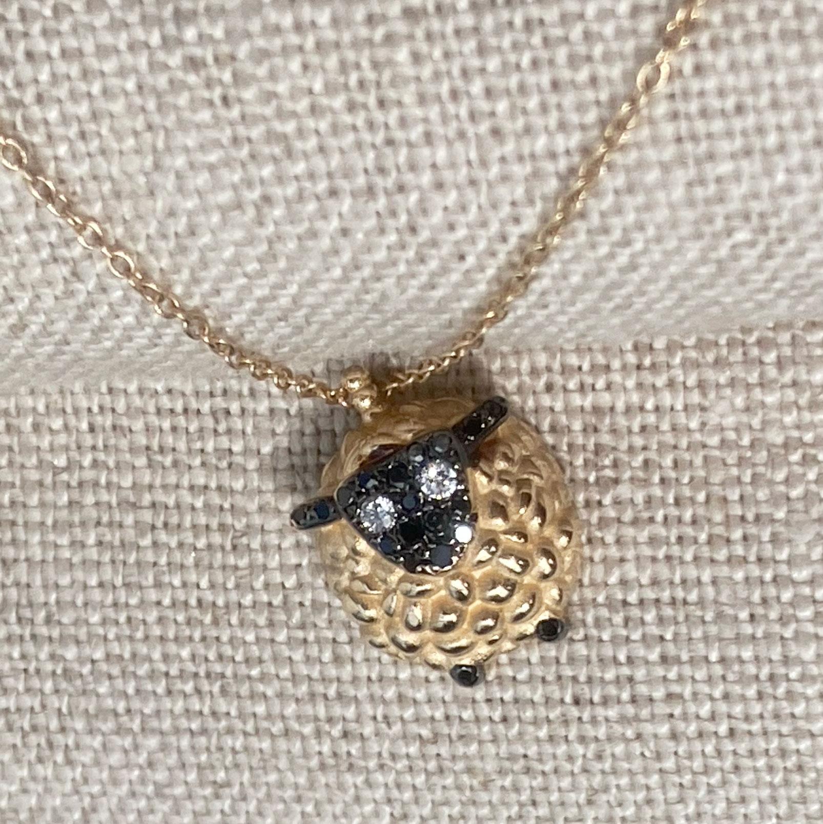 Brilliant Cut 14k Yellow Gold White Diamond Black Diamond Pave Lamb Sheep Necklace Baubou For Sale