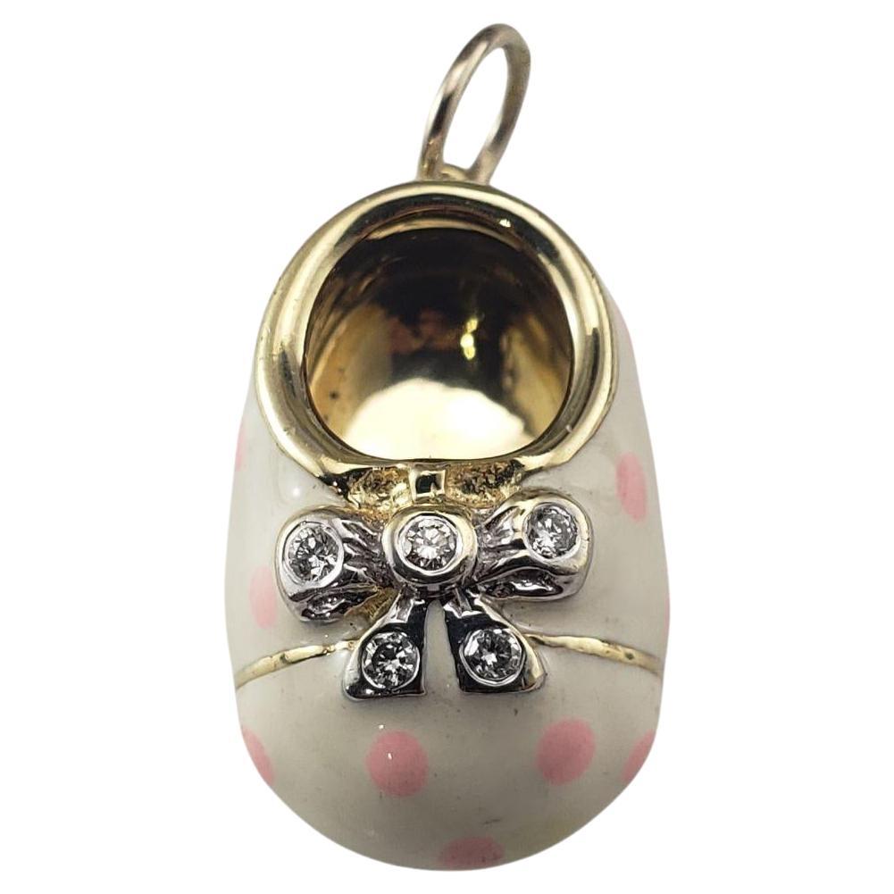 14K Yellow Gold White Enamel Polka Dot Diamond Baby Shoe Charm #21407