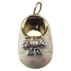 14K Yellow Gold White Enamel Polka Dot Diamond Baby Shoe Charm #21407