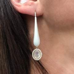 14 Karat Yellow Gold White Enamel Rainbow Moonstone and Diamond Drop Earring