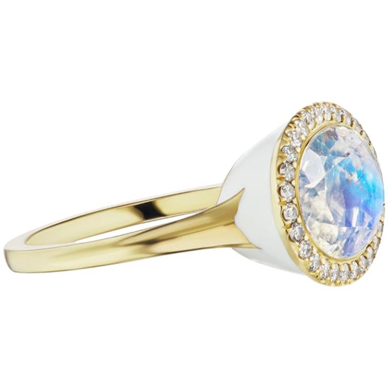 14 Karat Yellow Gold White Enamel Rainbow Moonstone and Diamond Halo Ring For Sale
