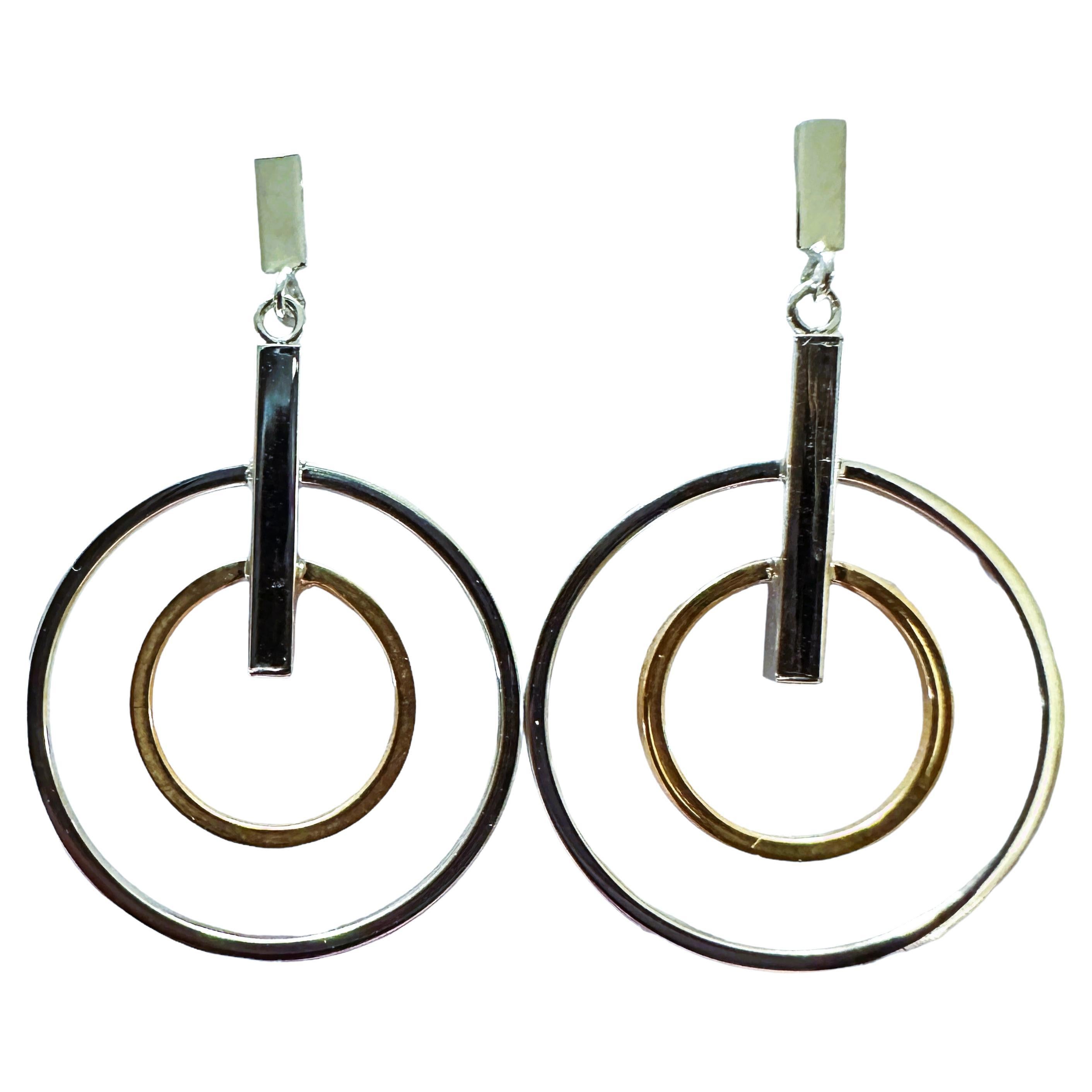 14k Yellow Gold & White Gold Circular Post Earrings For Sale