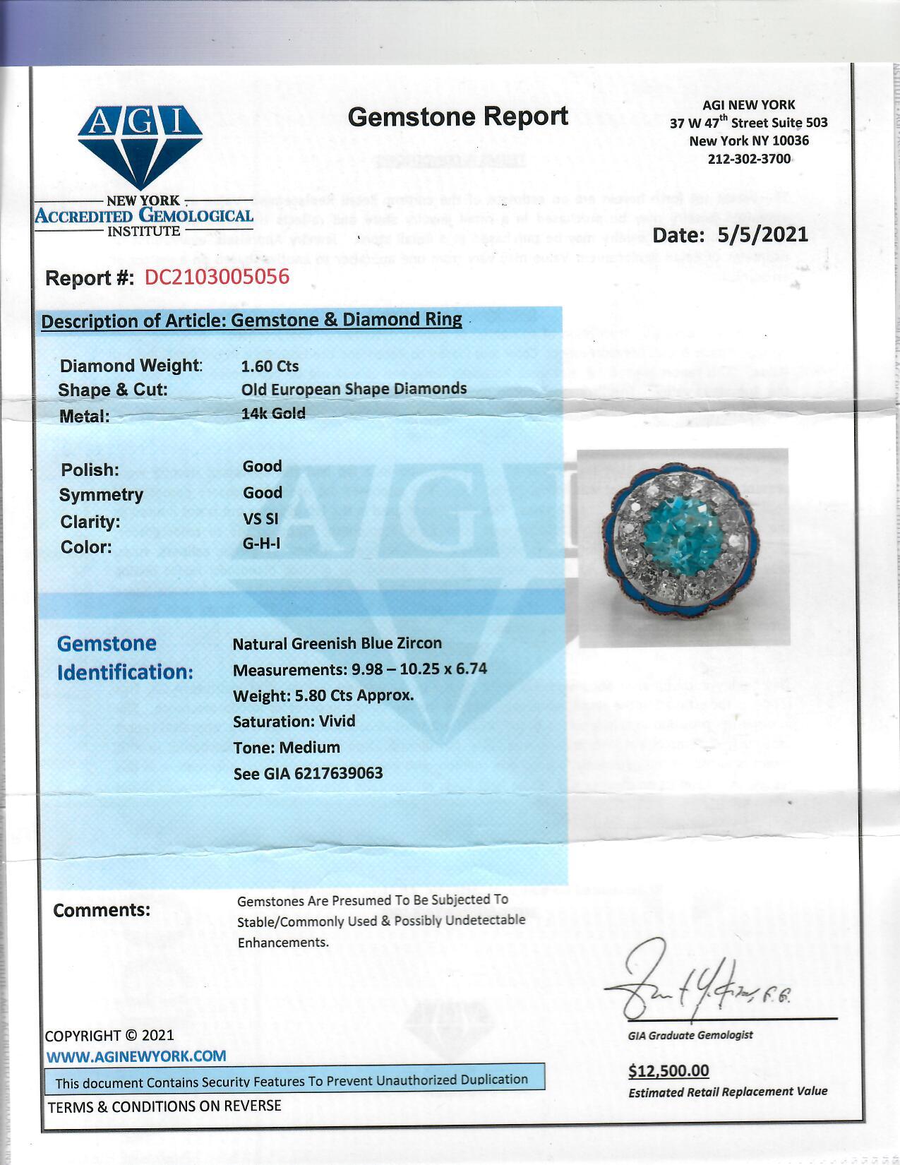 Bague en or jaune 14 carats, émaillée de diamants et de zircon bleu certifié GIA en vente 4