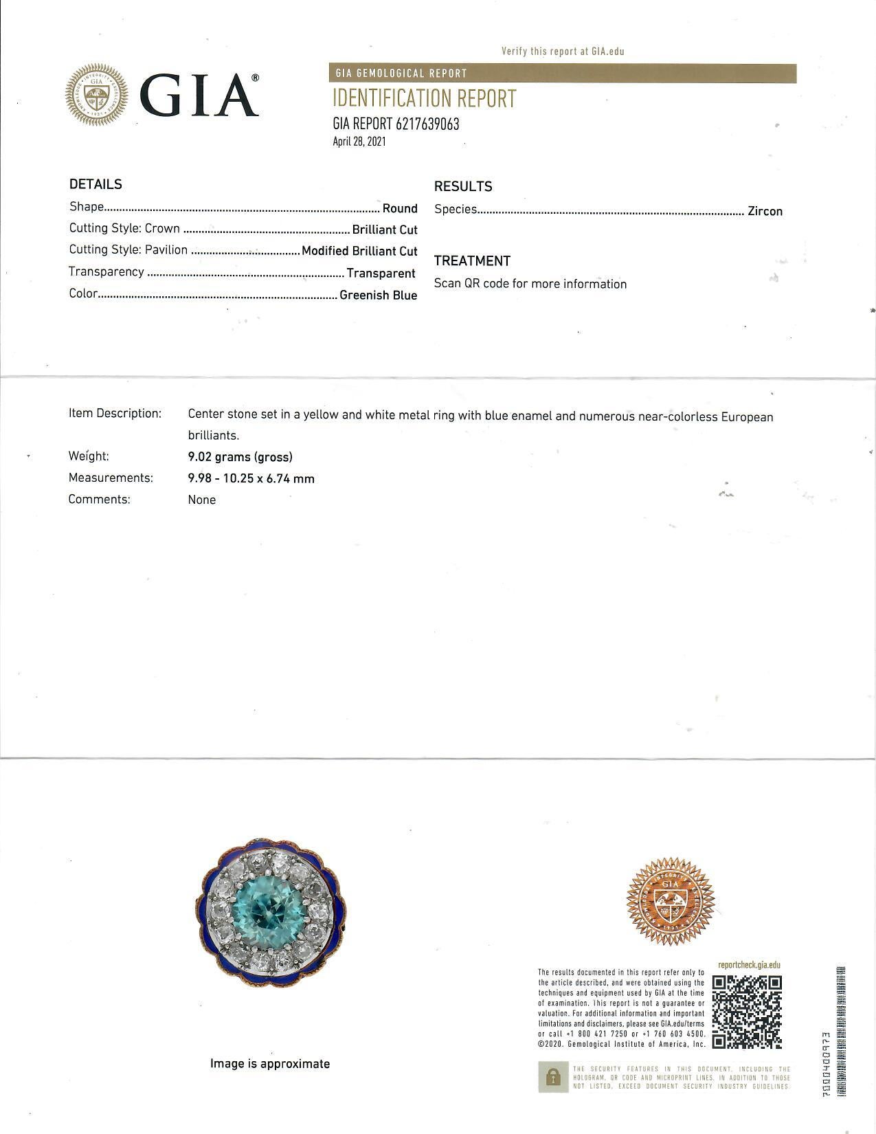 Bague en or jaune 14 carats, émaillée de diamants et de zircon bleu certifié GIA en vente 5