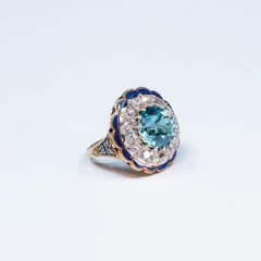 Vintage 14K Yellow Gold GIA Certified Blue Zircon Diamond Enamel Ring