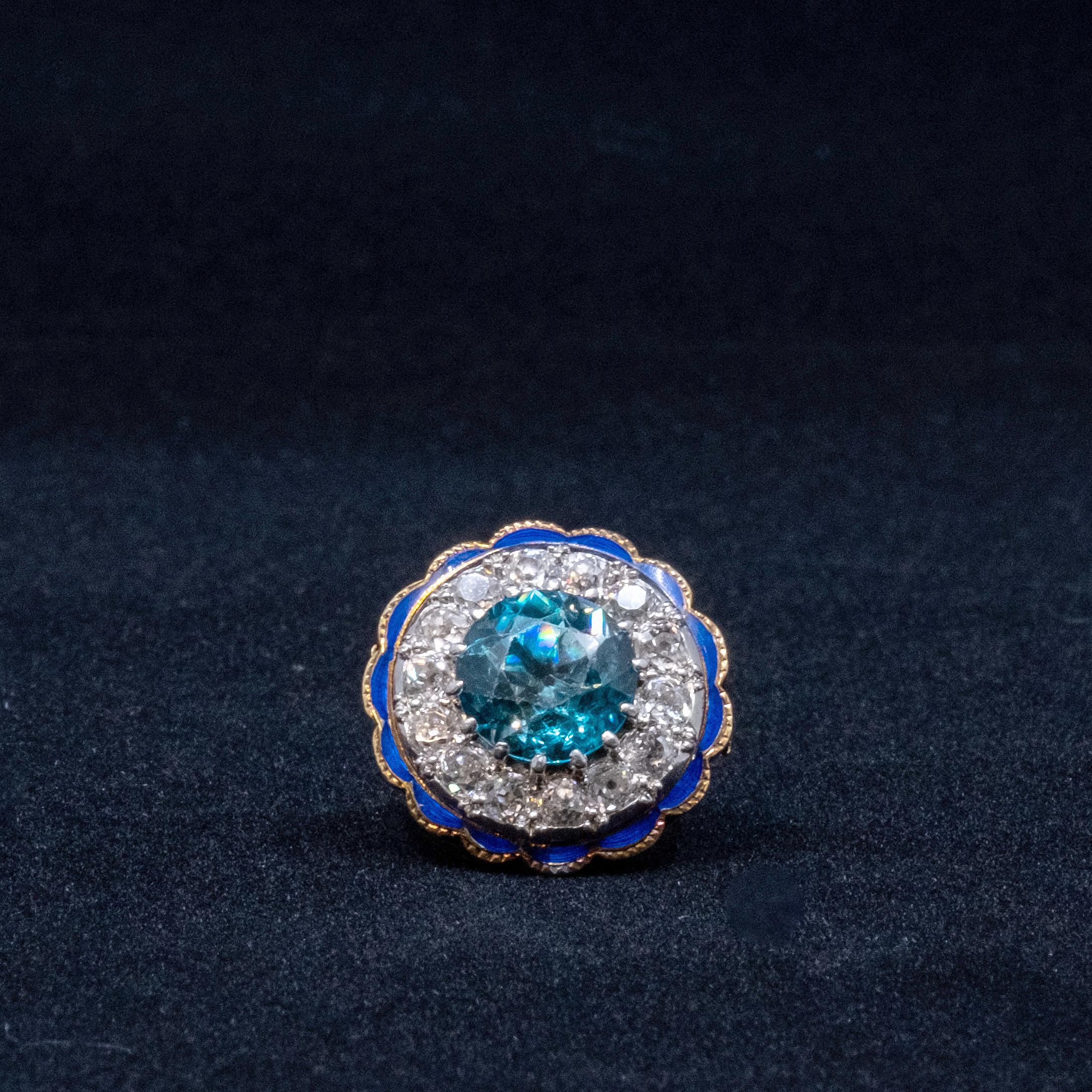 Moderne Bague en or jaune 14 carats, émaillée de diamants et de zircon bleu certifié GIA en vente