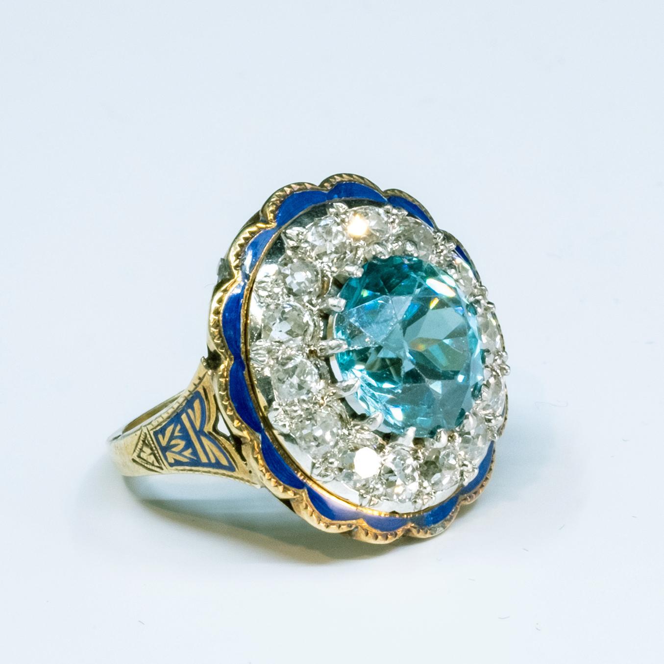 Bague en or jaune 14 carats, émaillée de diamants et de zircon bleu certifié GIA en vente 1