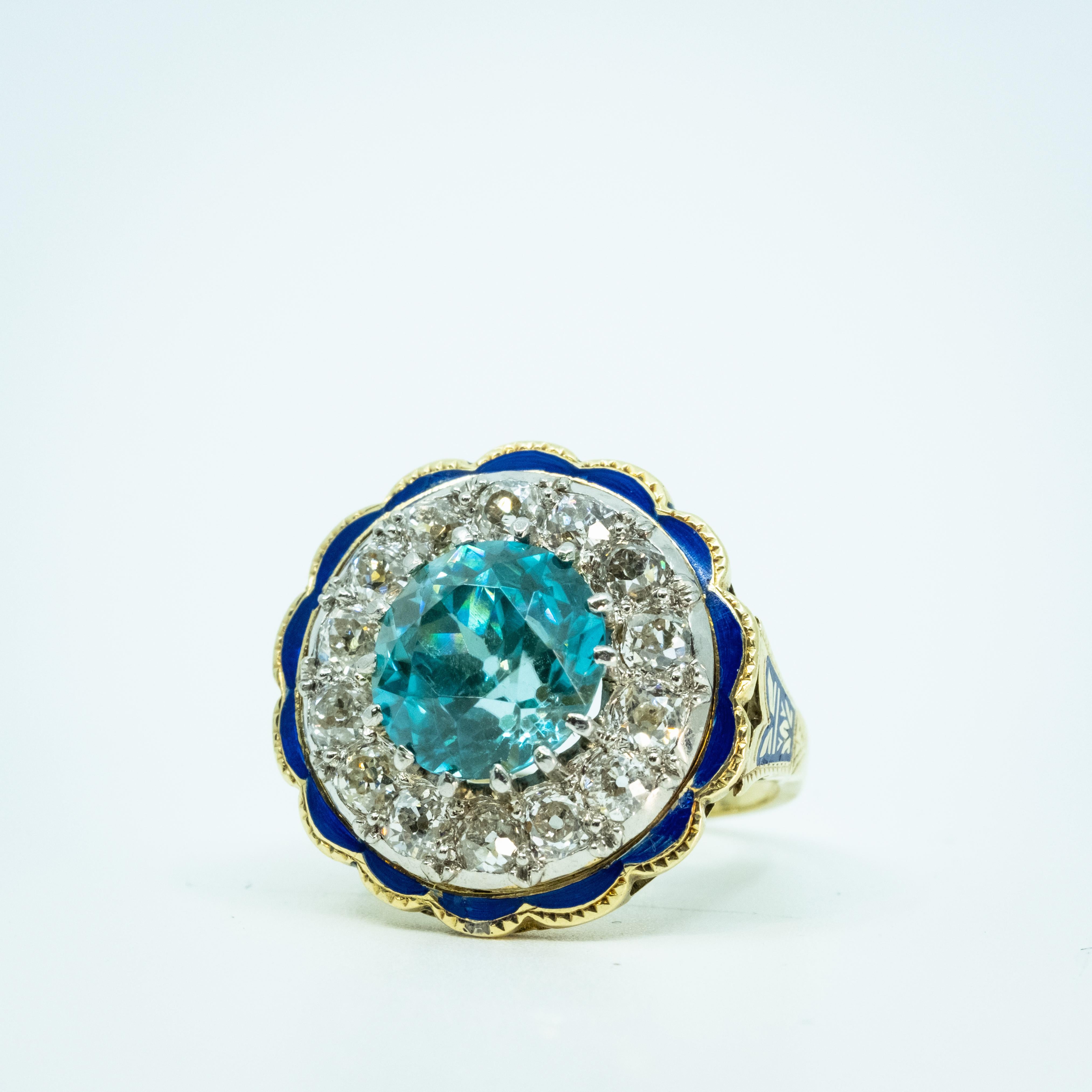 Bague en or jaune 14 carats, émaillée de diamants et de zircon bleu certifié GIA en vente 2