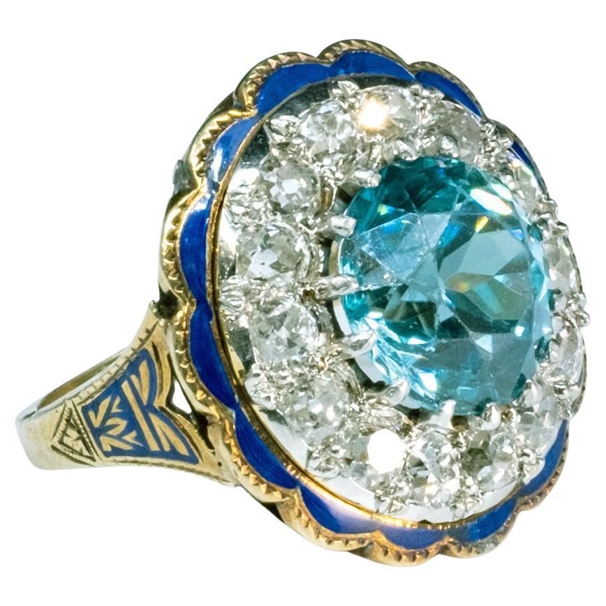 Anillo de oro amarillo de 14 quilates de oro blanco con esmalte de diamantes y circón azul certificado por GIA