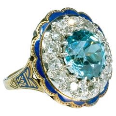 Antique 14K Yellow Gold GIA Certified Blue Zircon Diamond Enamel Ring
