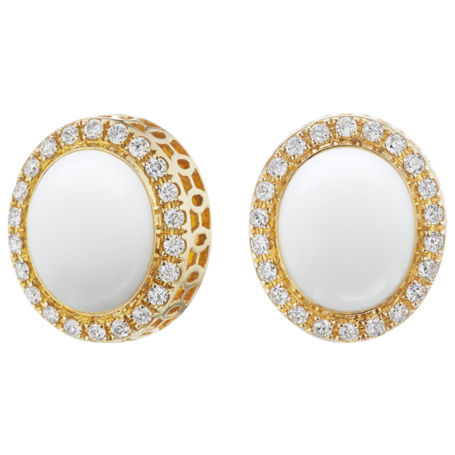 14 Karat Yellow Gold White Onyx Cabochon and Diamond Halo Stud Earring For Sale