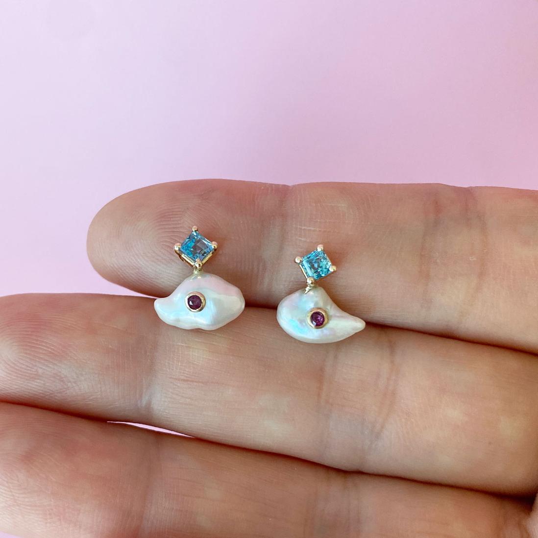 Contemporary 14k Yellow Gold White Pearl Blue Topaz Ruby Princess of Whales Earrings Baubou For Sale