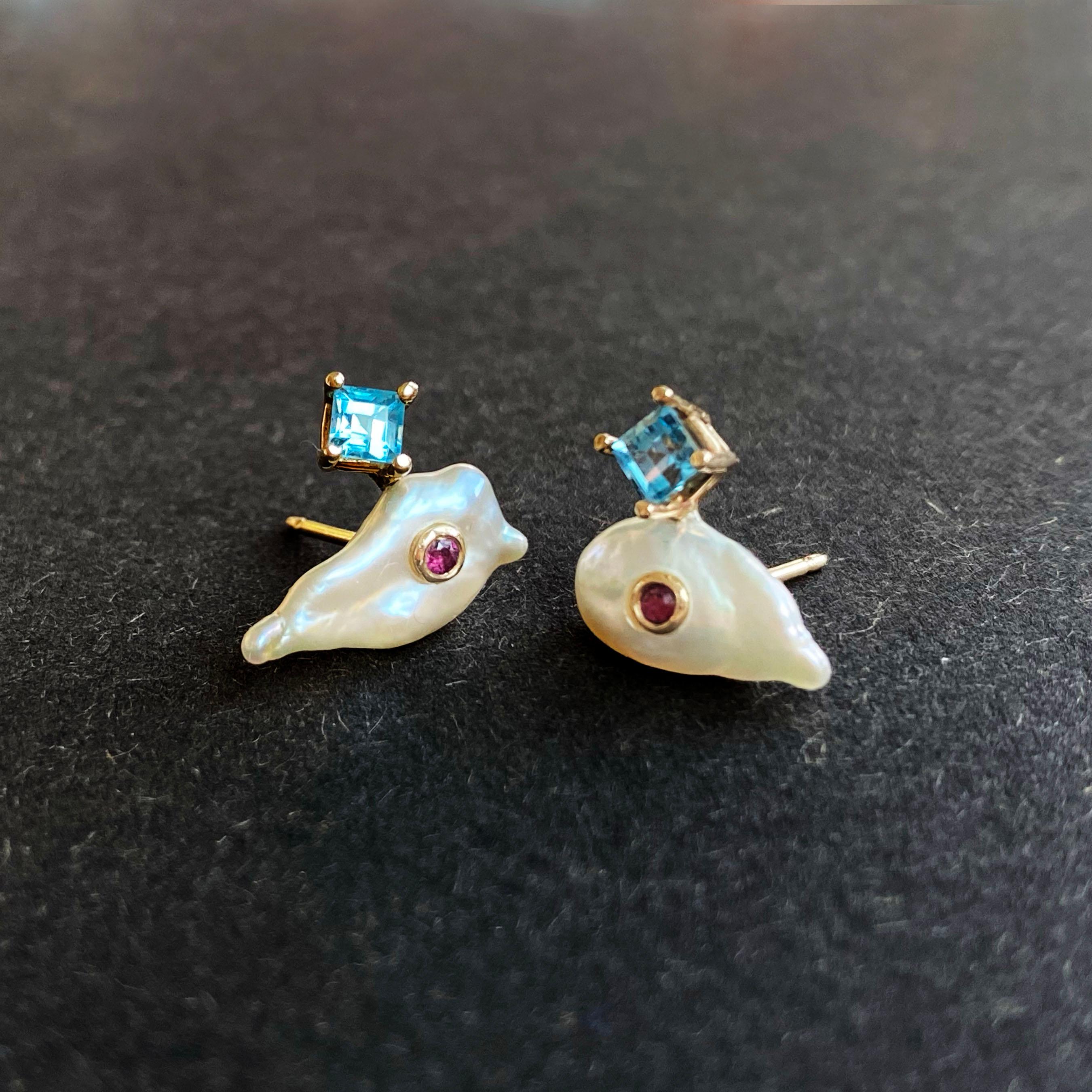 14k Yellow Gold White Pearl Blue Topaz Ruby Princess of Whales Earrings Baubou In New Condition For Sale In Long Island City, NY