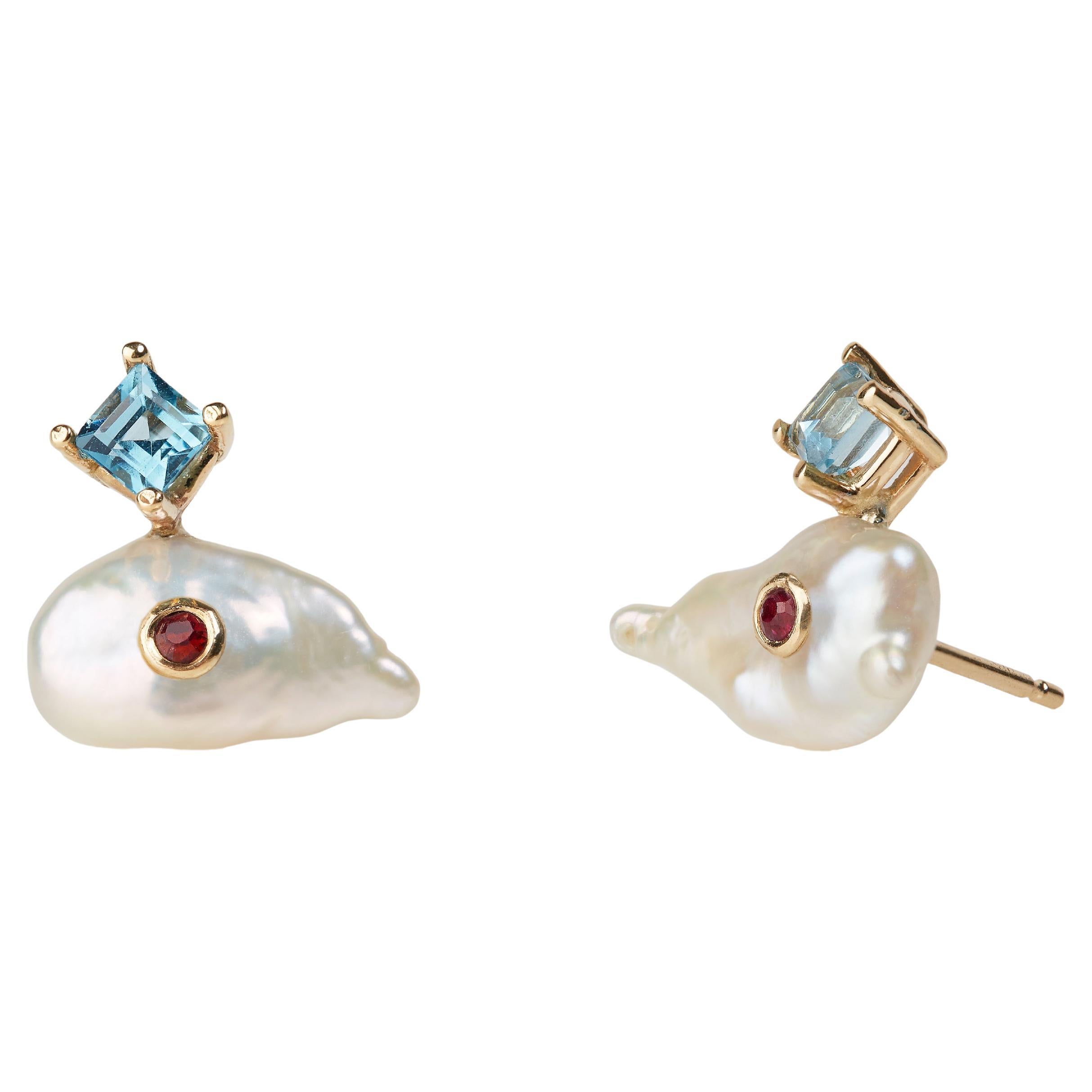14k Yellow Gold White Pearl Blue Topaz Ruby Princess of Whales Earrings Baubou For Sale