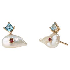 14k Yellow Gold White Pearl Blue Topaz Ruby Princess of Whales Earrings Baubou