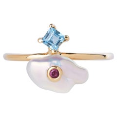 14k Yellow Gold White Pearl Blue Topaz Ruby Princess of Whales Ring Baubou