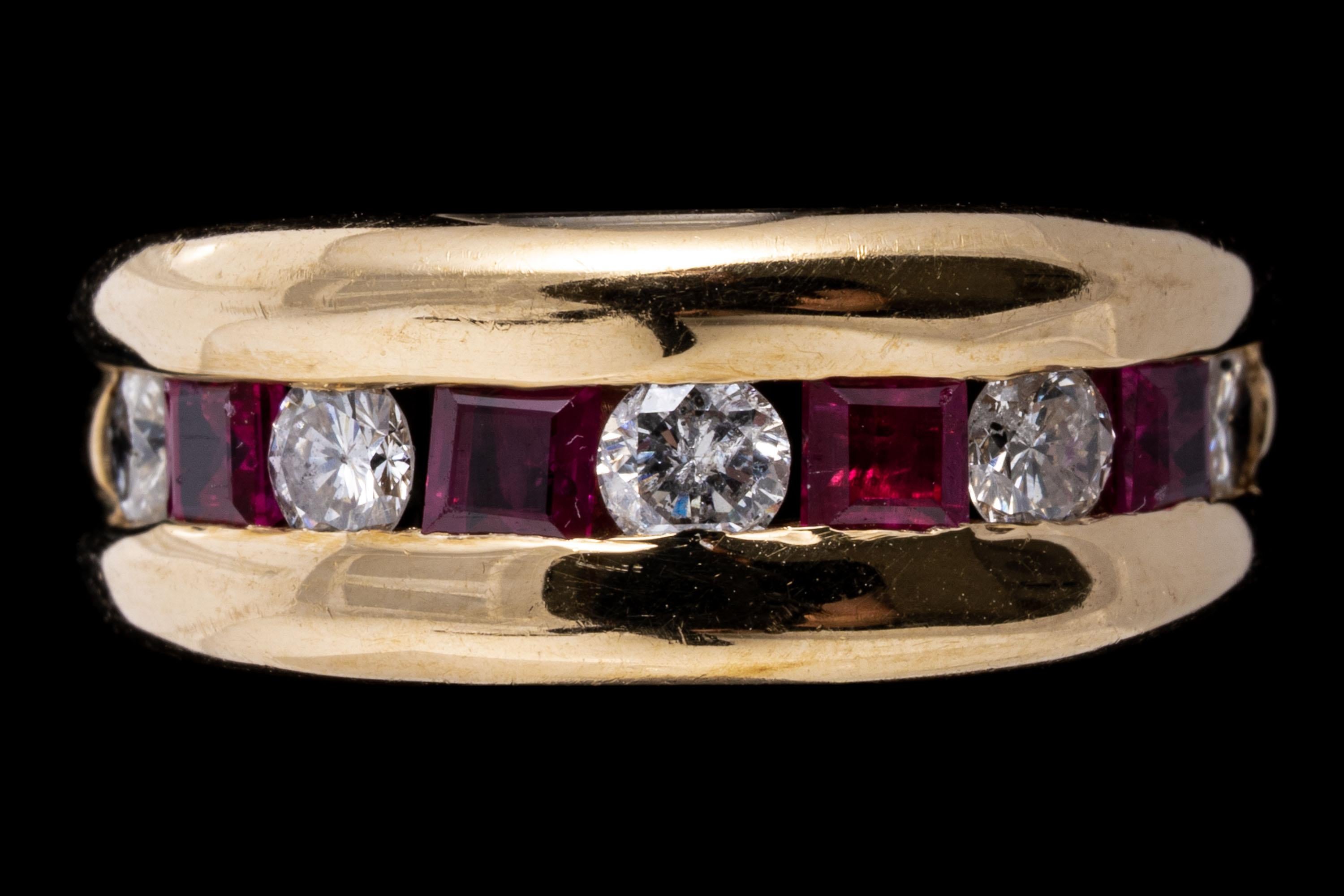 14k yellow gold ring. 14k yellow gold beautiful wide bezel, channel set band ring set with round brilliant cut diamonds, approximately 0.50 TCW, alternating with square faceted, pinkish red color rubies, approximately 0.64 TCW. 
Marks: