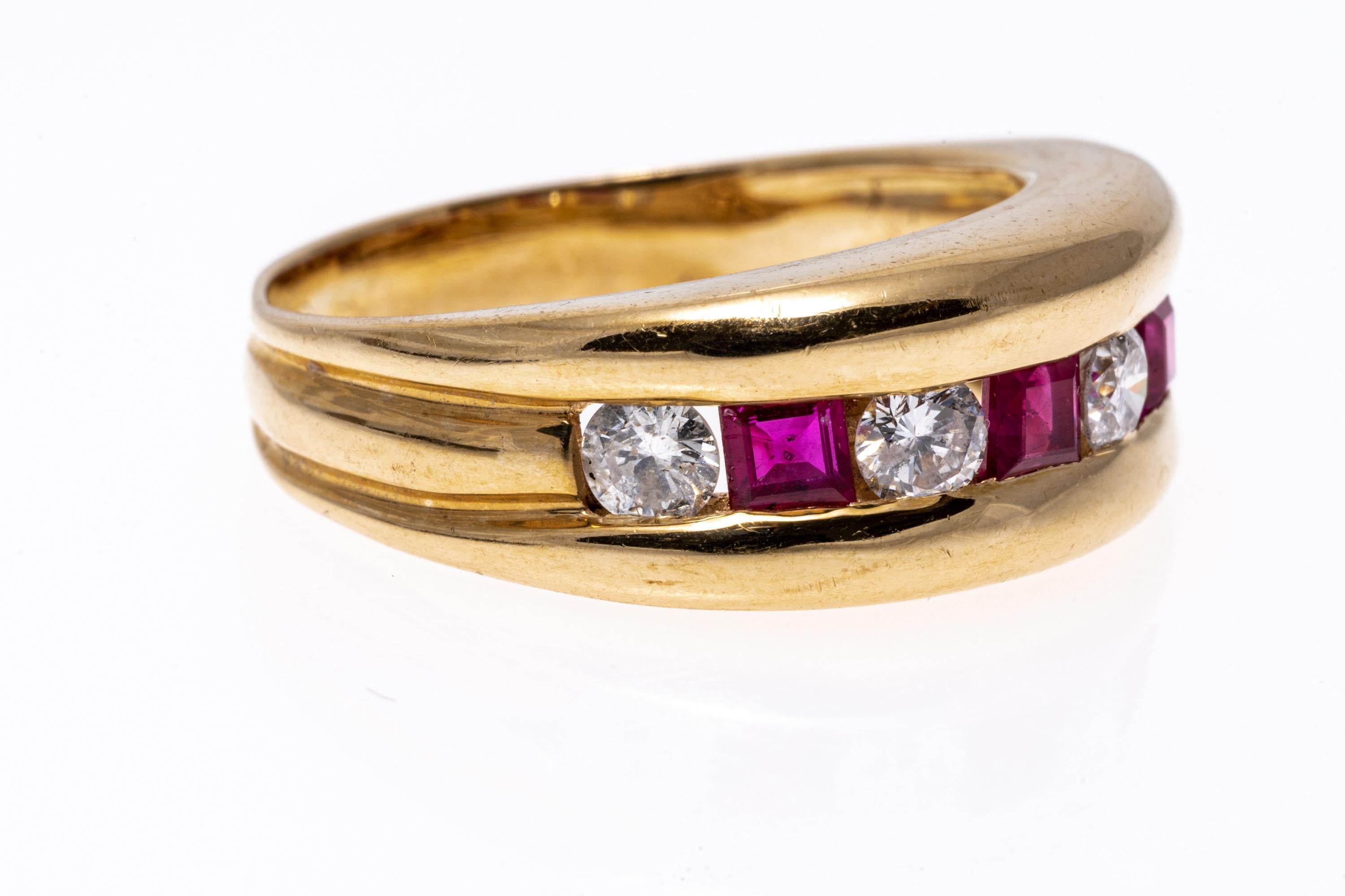 Contemporary 14k Yellow Gold Wide Bezel Diamond and Square Ruby Channel Band Ring For Sale