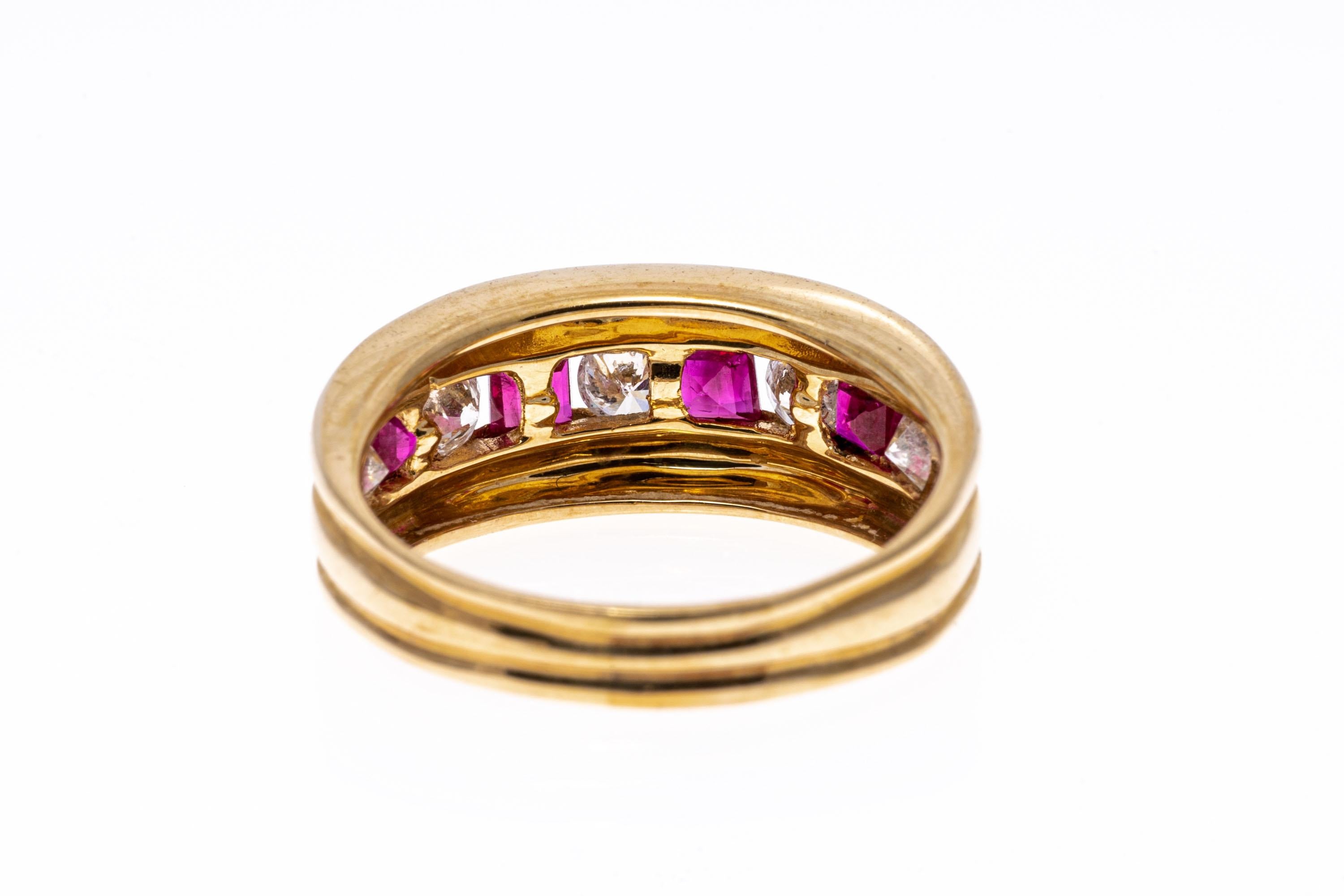 Square Cut 14k Yellow Gold Wide Bezel Diamond and Square Ruby Channel Band Ring For Sale