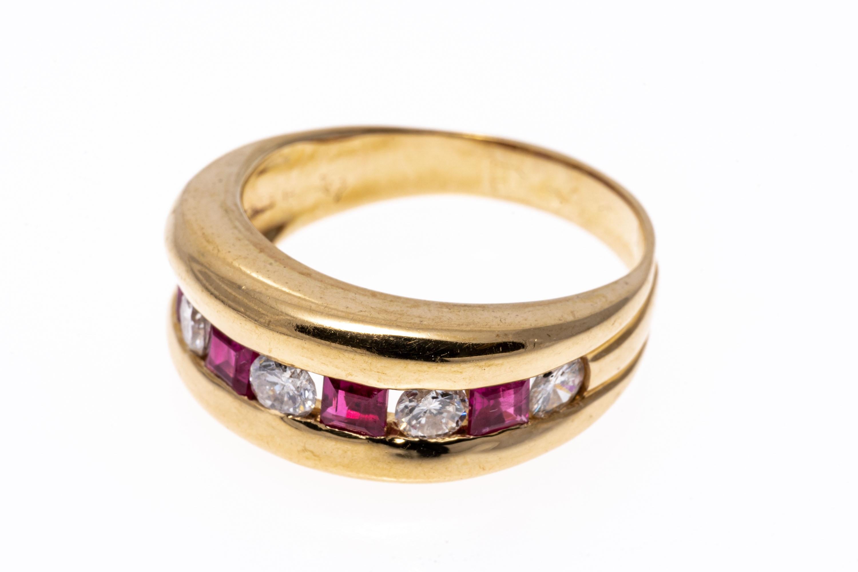 14k Yellow Gold Wide Bezel Diamond and Square Ruby Channel Band Ring In Good Condition For Sale In Southport, CT